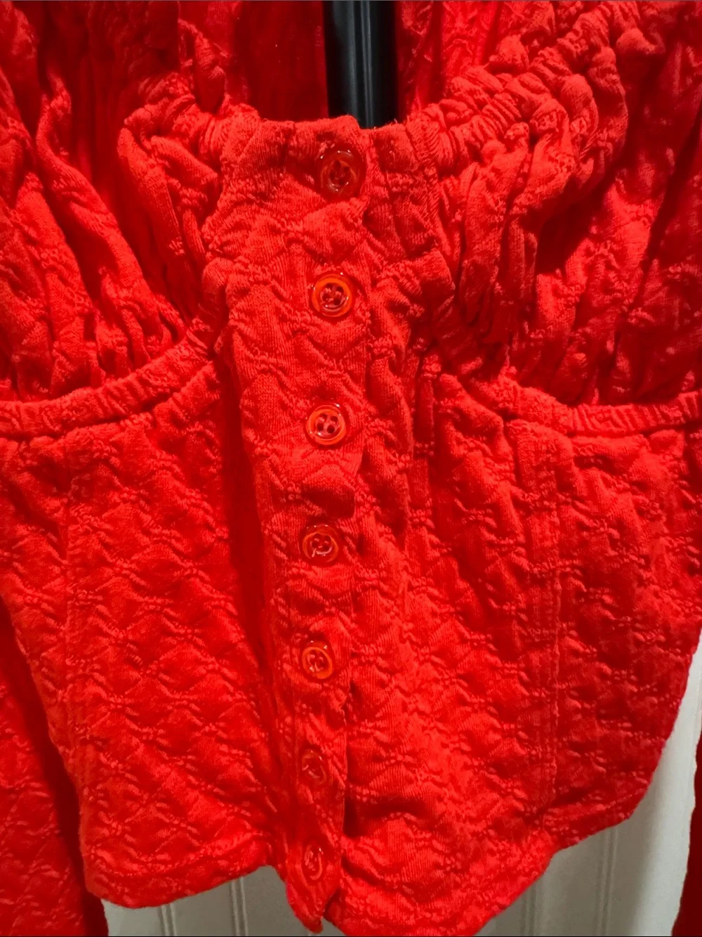 #635 FREE PEOPLE Red Ladybug Textured Button-Front Sweetheart Crop Top